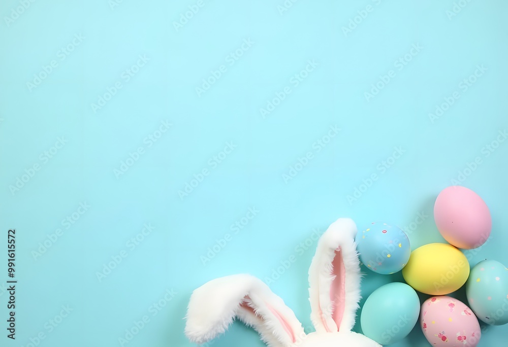 Easter rabbit flaffy ears and row of colored easter colored eggs on blue background, top view with copy space
Easter rabbit flaffy ears and row of colored easter colored eggs on blue background, top view with copy space
