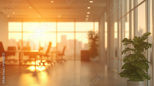 Modern Office Interior with Panoramic Windows at Sunset, Corporate headquarters at sunset, with golden light streaming through floor-to-ceiling windows.