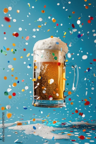 A mug of beer surrounded by colorful confetti, ideal for party or celebration scenes
