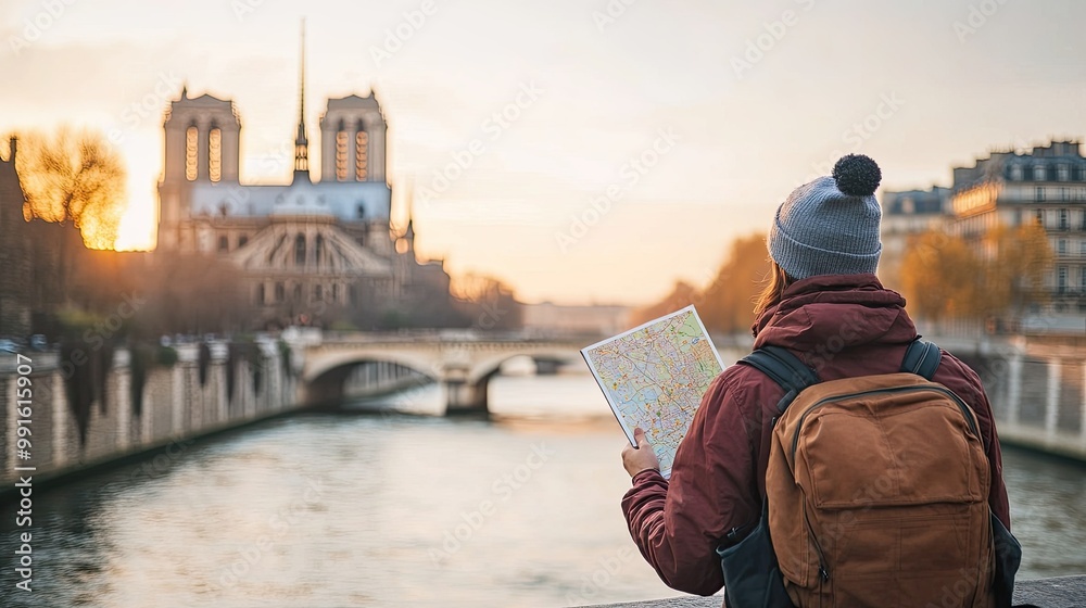 Fototapeta premium Close-up of a tourist holding a map while standing on a bridge over the Seine River, with Notre-Dame Cathedral in the distance, symbolizing exploration in Paris.