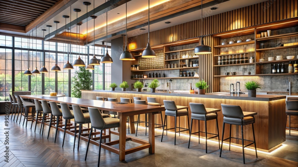 Modern Restaurant Interior with Row of Tables, Seats, and Bar Counter with Chairs Modern Restaurant Interior with Row of Tables, Seats, and Bar Counter with Chairs