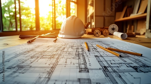 A minimalist workspace featuring a detailed blueprint, a few scattered pencils, and a hard hat, with a ruler and compass in the background, illuminated by soft morning light for a calm, photo