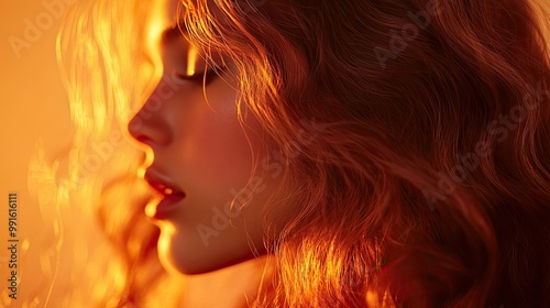 Close-up of a womanaes profile with long, wavy hair, glowing with shine and volume, her expressive face perfect for promoting haircare and beauty products.