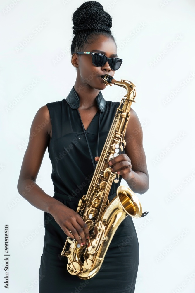 Obraz premium A woman in a black dress holds a saxophone, perfect for music-related use or as a symbol of creativity