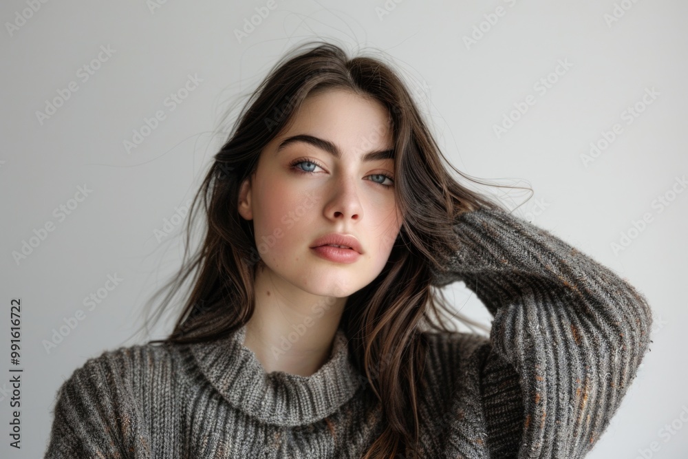 A woman with long hair is wearing a sweater in this image A woman with long hair is wearing a sweater in this image