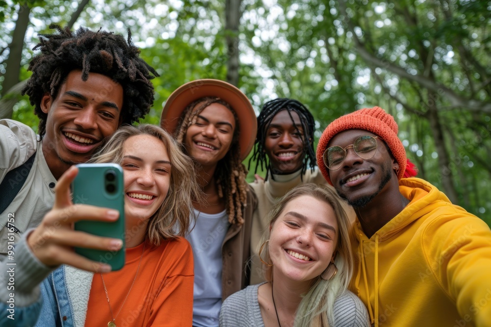 Fototapeta premium Group of friends posing for a photo in a forest, surrounded by trees and nature