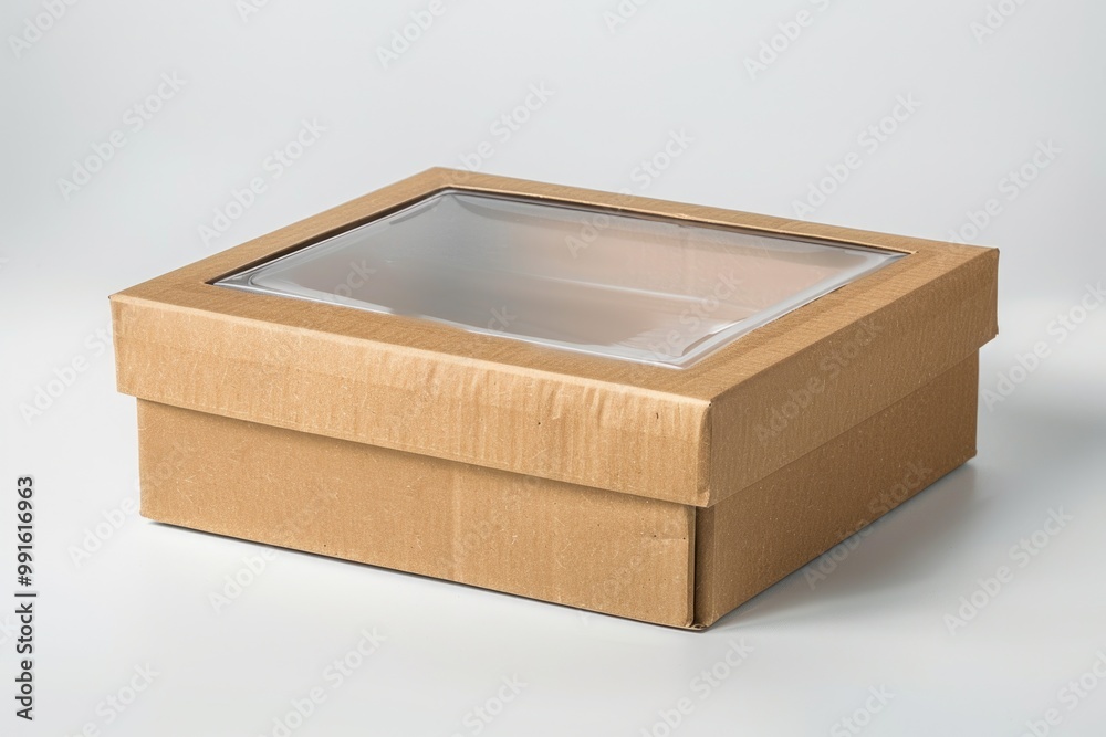 A brown box with a clear lid sitting on a white surface, ideal for use in e-commerce, packaging design or product photography A brown box with a clear lid sitting on a white surface, ideal for use in e-commerce, packaging design or product photography