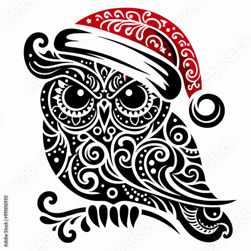 Beautifully decorated Christmas owl on a Santa's hat, New Year, winter theme, black and red vector, elegant style, with curls and patterns, isolated on a white background