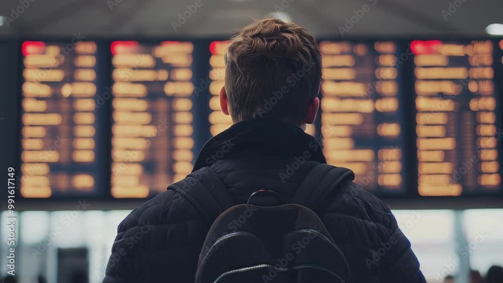 Person stands at an airport terminal gazing at the departure information board displaying flight schedules and statuses Person stands at an airport terminal gazing at the departure information board displaying flight schedules and statuses