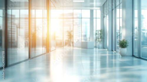 Sunny Corporate Office Interior with Glass Walls, Blurred Empty Open Space Office with Abstract Light Bokeh - Office Interior Background