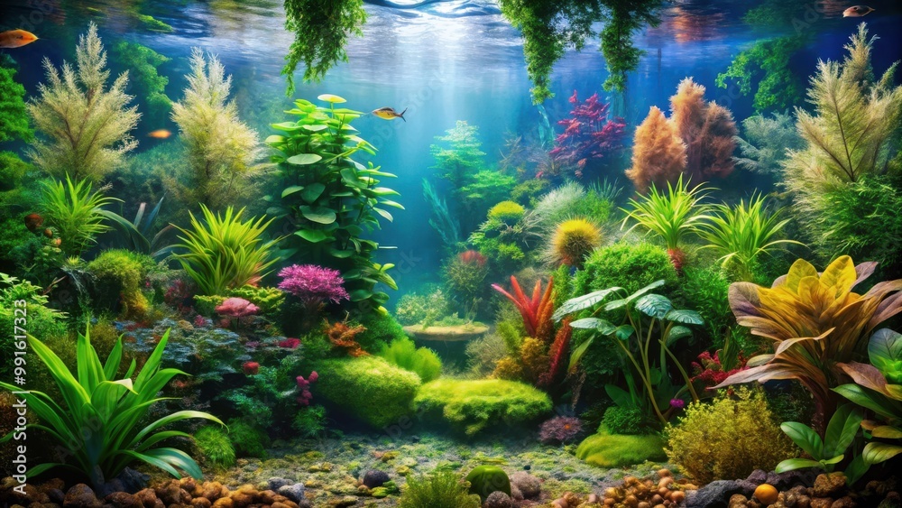 Lush underwater garden in aquarium tank filled with vibrant aquatic plants Lush underwater garden in aquarium tank filled with vibrant aquatic plants