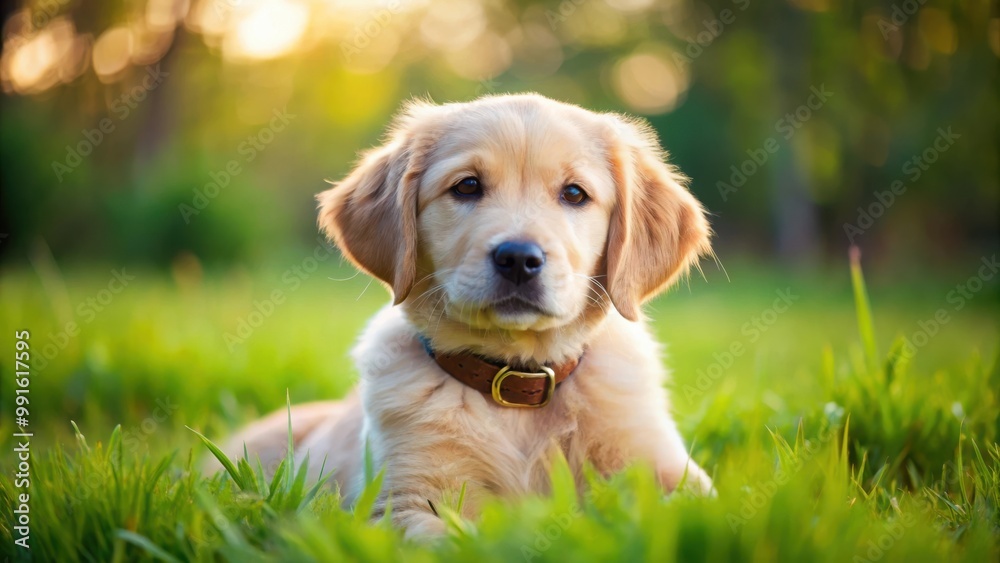 Adorable Golden Retriever Puppy in Leather Collar Relaxing in Grass Field Outdoors Adorable Golden Retriever Puppy in Leather Collar Relaxing in Grass Field Outdoors