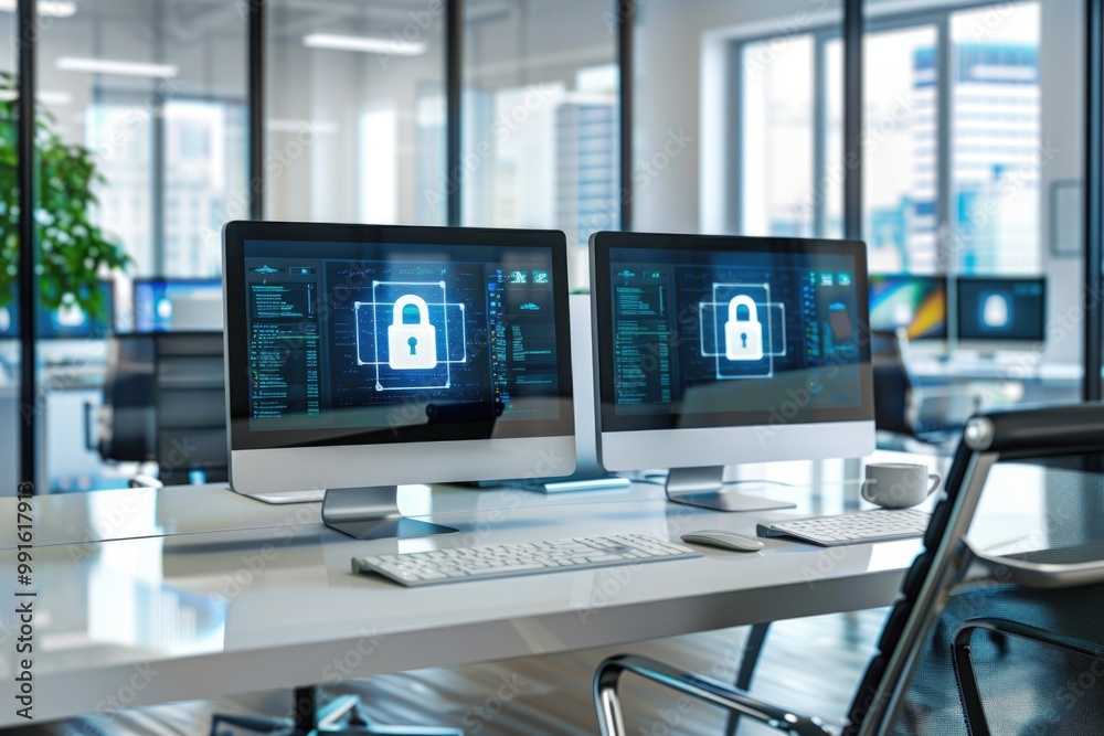 Naklejka premium Two computer monitors placed on a desk, ideal for multiple screen setup or comparison