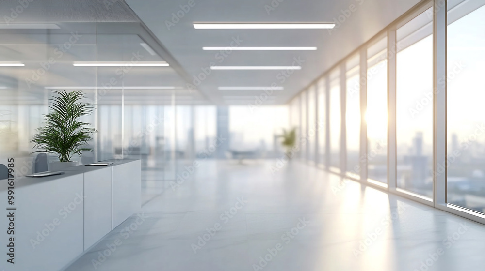 Light blurred background. The hall of an office or medical institution, Sunlit modern office space. Light blurred background. The hall of an office or medical institution, Sunlit modern office space.