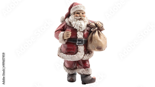 Santa Claus figurine holding a gift bag, isolated on a white background photo