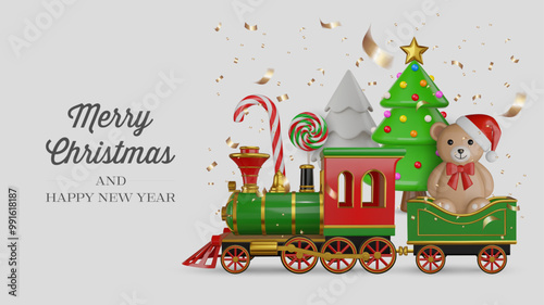 christmas card with 3d toy train and christmas tree. merry christmas banner with 3d realistic elements