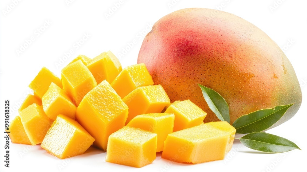 Close-up of ripe mango cubes and slices arranged next to a whole mango, isolated on white, showcasing the vibrant yellow-orange color and juicy texture. Close-up of ripe mango cubes and slices arranged next to a whole mango, isolated on white, showcasing the vibrant yellow-orange color and juicy texture.