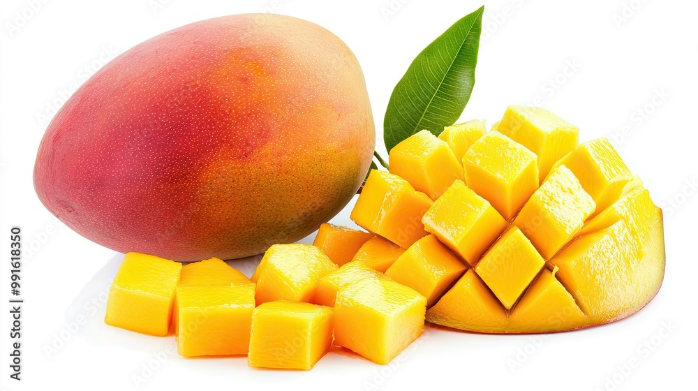 Close-up of ripe mango cubes and slices arranged next to a whole mango, isolated on white, showcasing the vibrant yellow-orange color and juicy texture. Close-up of ripe mango cubes and slices arranged next to a whole mango, isolated on white, showcasing the vibrant yellow-orange color and juicy texture.