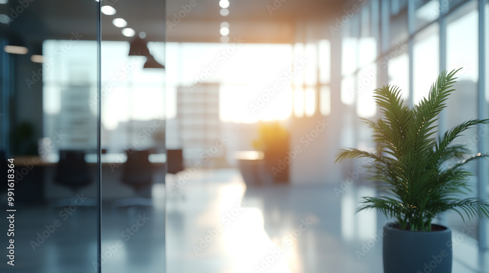 Beautiful blurred background of a light modern office interior with panoramic windows, The photo shows an empty room with large windows and a shiny floor. Beautiful blurred background of a light modern office interior with panoramic windows, The photo shows an empty room with large windows and a shiny floor.