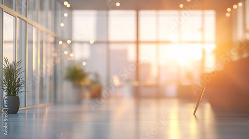 Beautiful blurred background of a light modern office interior with panoramic windows, The photo shows an empty room with large windows and a shiny floor.