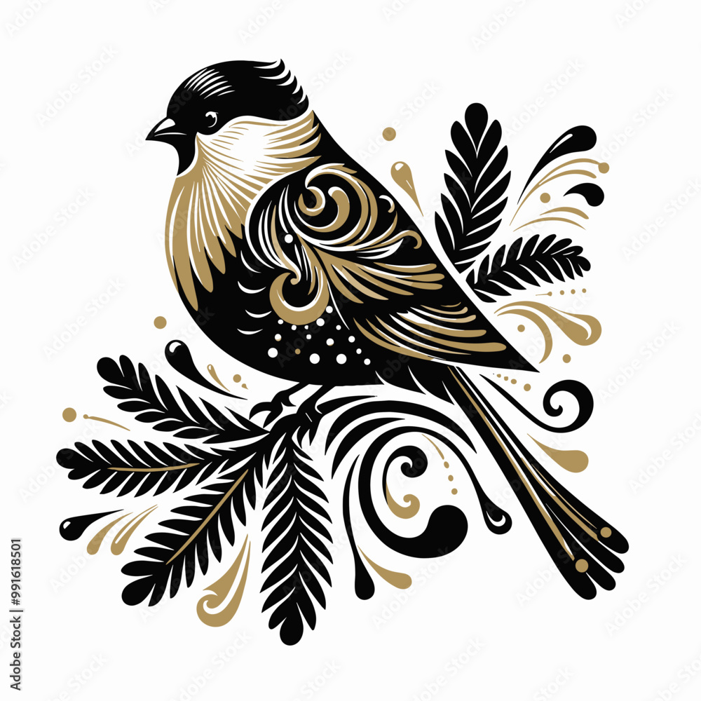 Fototapeta premium Beautifully decorated Christmas titbird on a spruce branch, New Year, winter theme, black and beige vector, elegant style, with curls and patterns, isolated on a white background