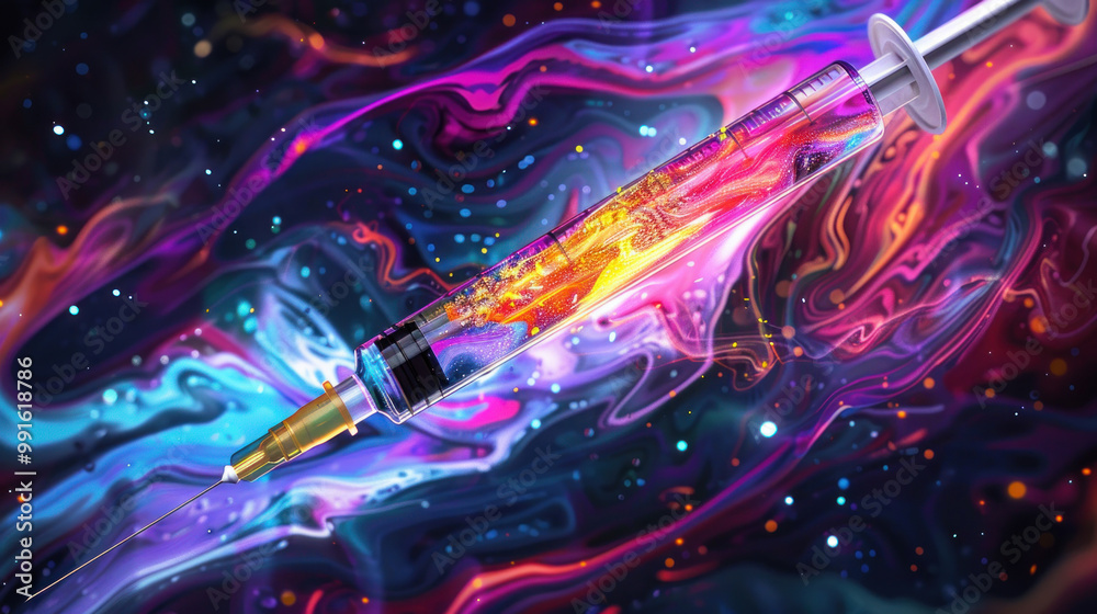 A Mpox vaccine depicted as a glowing elixir, with the liquid swirling in vibrant colors, symbolizing hope and healing in a syringe A Mpox vaccine depicted as a glowing elixir, with the liquid swirling in vibrant colors, symbolizing hope and healing in a syringe