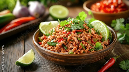 Close-up of spicy minced duck garnished with fresh herbs, lime wedges, and chilies, served with raw vegetables on a wooden table. Perfect for authentic Thai flavors.