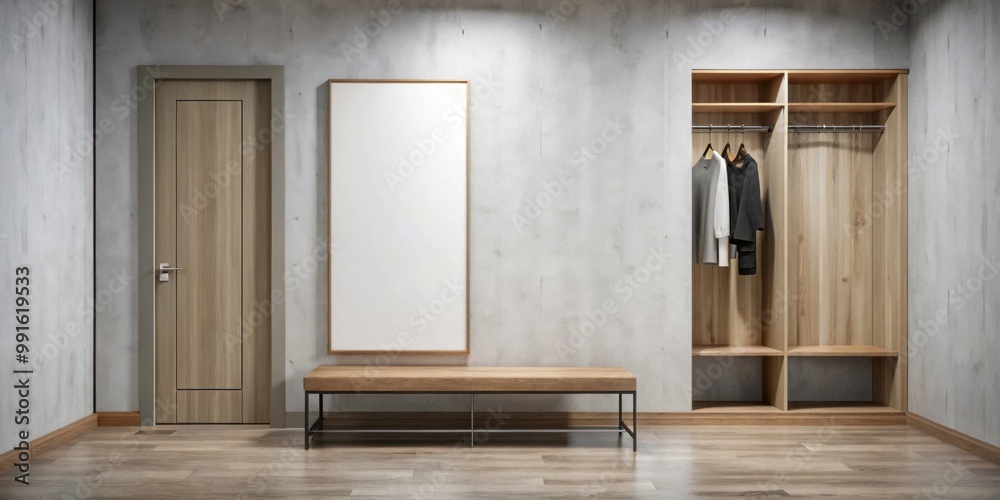 Mysterious Empty Hallway with Wardrobe, Bench, and Blank Poster for Design Mockups Mysterious Empty Hallway with Wardrobe, Bench, and Blank Poster for Design Mockups