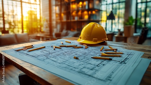 A modern architect’s desk featuring a large, detailed blueprint with pencils scattered across it, and a yellow hard hat placed on top, signifying the connection between design and construction. photo