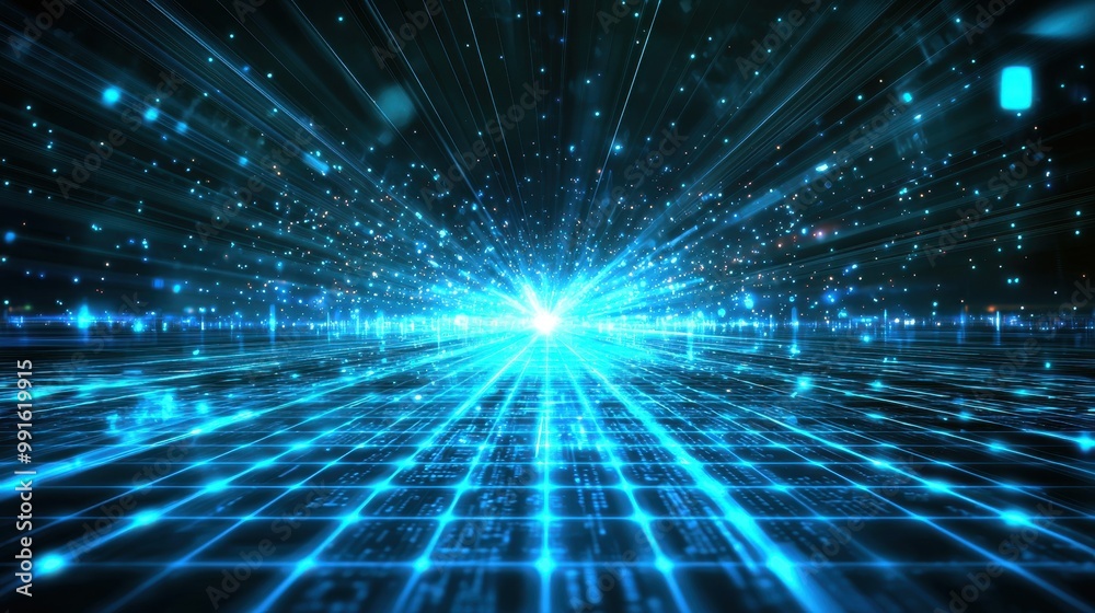 Obraz premium A futuristic holographic background with vibrant blue light beams intersecting over a grid of digital tech elements.