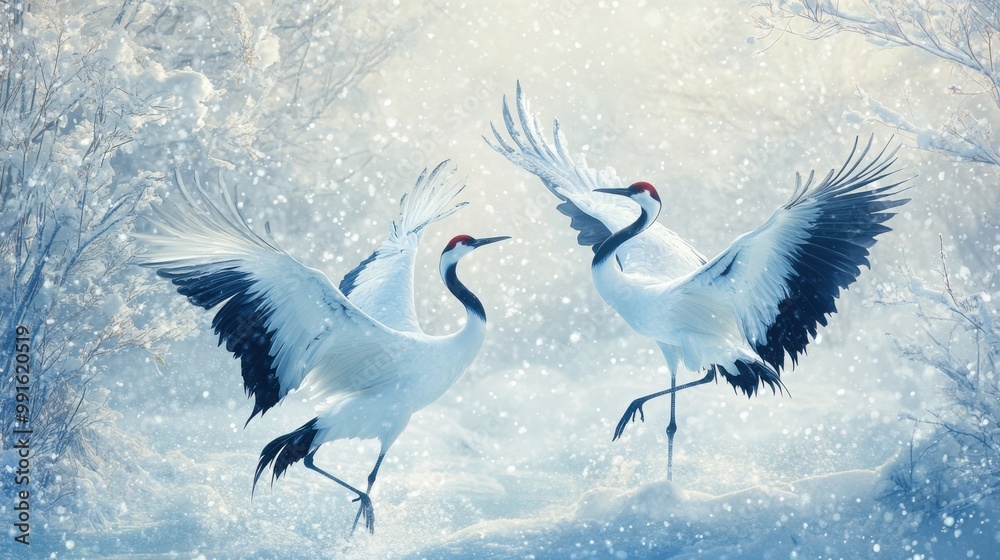 Cranes dancing snow winter. Generative AI Cranes dancing snow winter. Generative AI
