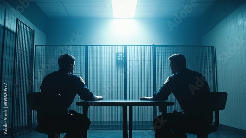 Two police officers question a suspect in an interrogation room.