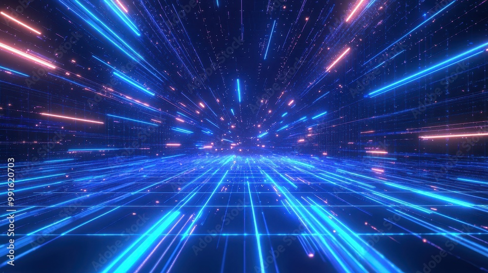 A modern holographic background with blue beams of light intersecting over a grid of abstract tech elements in motion.