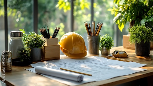 A modern architect’s desk with blueprints, drafting pencils, and a hard hat carefully arranged, symbolizing the building strategy in progress. The scene is illuminated by soft natural light. photo