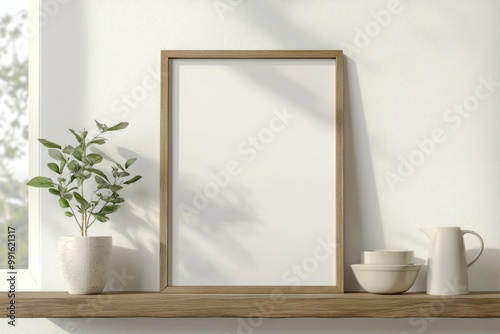 Minimalist Interior Decor: Modern Poster Frame with Artistic Design on Wooden Shelf