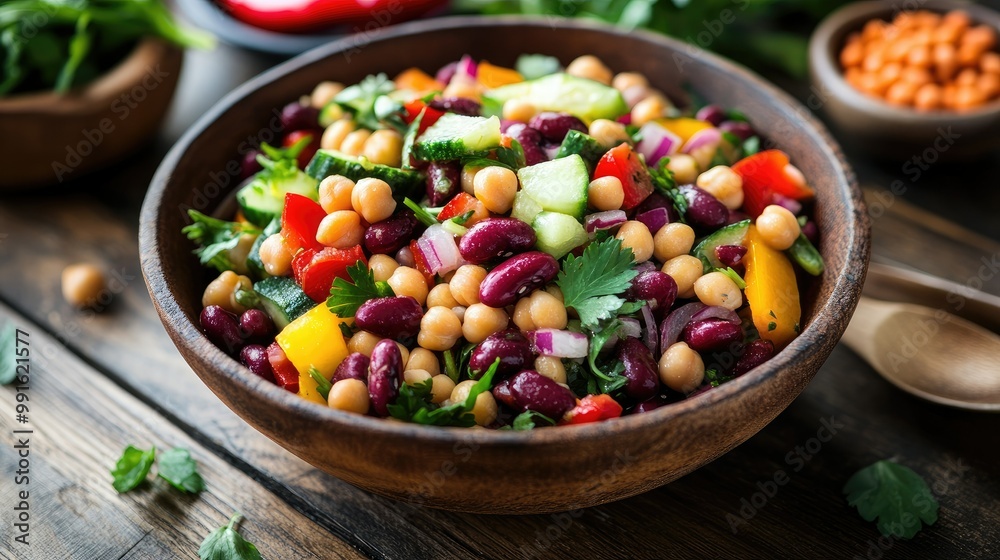 Colorful legume salad with overnight-soaked chickpeas, kidney beans, fresh veggies, and herbs, perfect for a light, nutritious lunch or side dish. Colorful legume salad with overnight-soaked chickpeas, kidney beans, fresh veggies, and herbs, perfect for a light, nutritious lunch or side dish.