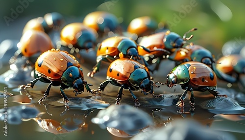 Synchronized swimming performance by beetles in a puddle, highlighting the surprising abilities of aquatic insects in a whimsical display.