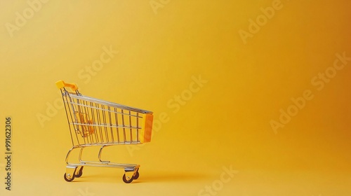 Miniature shopping cart on yellow background with copy space representing online shopping or ecommerce concept