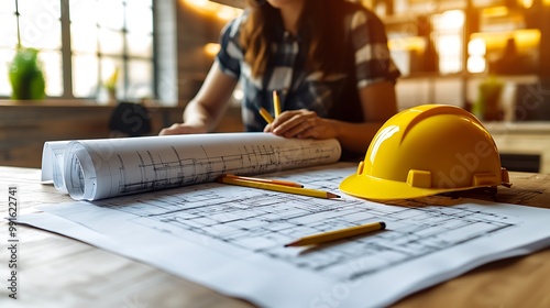 A modern architectural desk with scattered blueprints and drafting pencils, a yellow hard hat resting on the side, representing the creative process of drafting a new project. photo