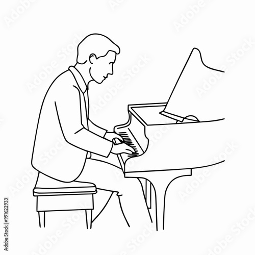 Vector illustration of a man playing the piano with concentration in a minimalist style