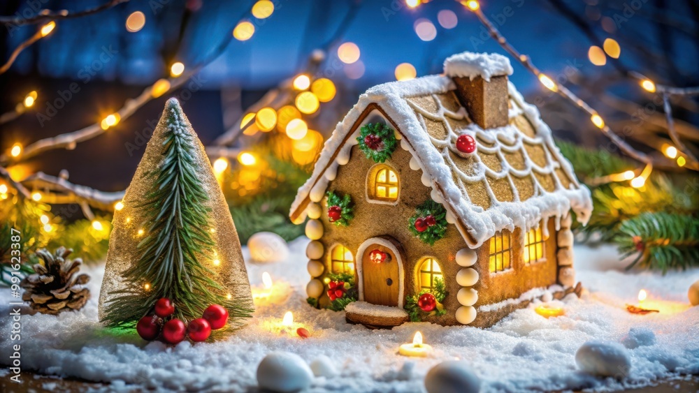 Festive Christmas cookie house in snow with lights and decorations for holiday season celebration Festive Christmas cookie house in snow with lights and decorations for holiday season celebration