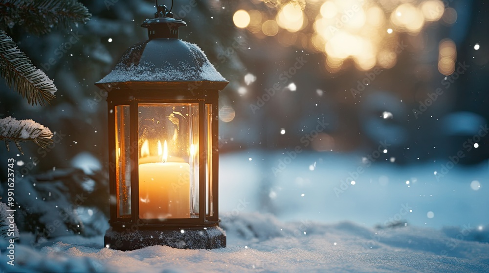 Decorated lantern with a burning candle in a snowy outdoor setting. Warm light contrasts with the cold night, with space for text on the side. Decorated lantern with a burning candle in a snowy outdoor setting. Warm light contrasts with the cold night, with space for text on the side.