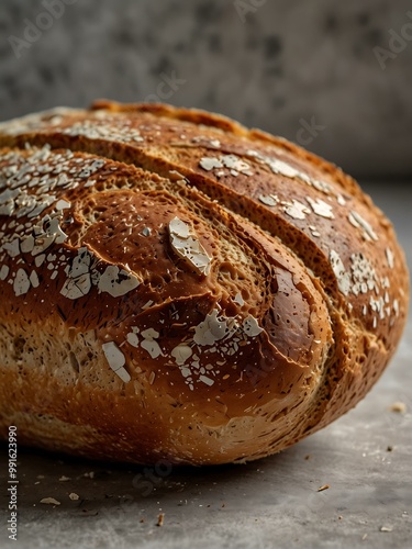 Crusty sourdough bread loaf with a cracked surface.