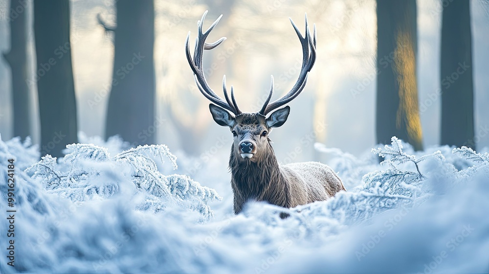 Naklejka premium Deer with large antlers standing in a snowy woodland, framed by frost-touched trees and a serene winter atmosphere