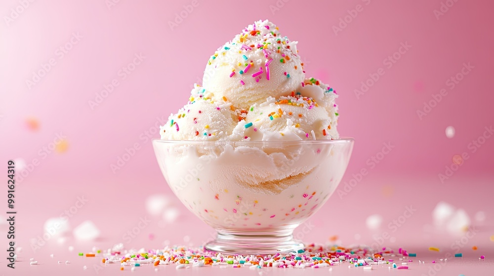 Delicious coconut ice cream in a glass bowl, topped with sprinkles and coconut shavings, against a bright background, perfect for dessert promotions. Delicious coconut ice cream in a glass bowl, topped with sprinkles and coconut shavings, against a bright background, perfect for dessert promotions.