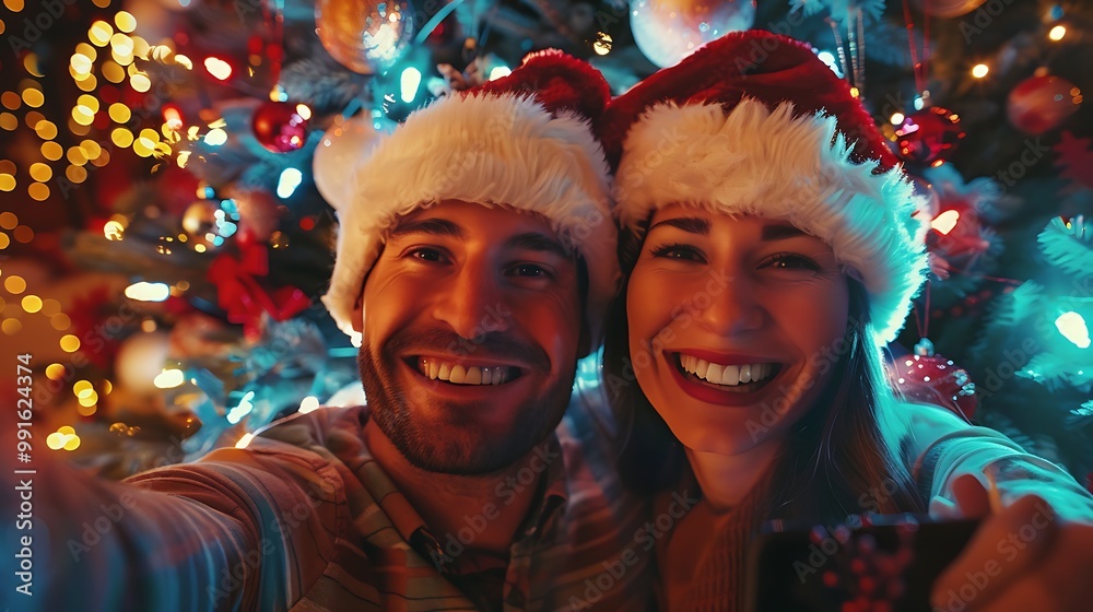 Happy couple wearing Santa hats, taking a selfie in front of a Christmas tree, surrounded by festive decorations and lights Happy couple wearing Santa hats, taking a selfie in front of a Christmas tree, surrounded by festive decorations and lights