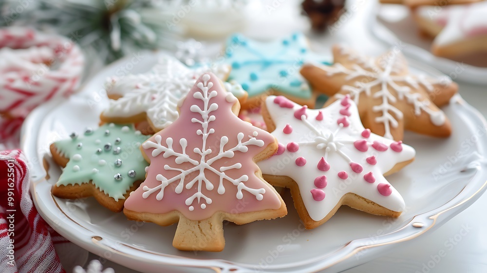 Traditional Christmas cookies in festive shapes like stars, trees, and snowflakes, decorated with colorful icing, on a white plate Traditional Christmas cookies in festive shapes like stars, trees, and snowflakes, decorated with colorful icing, on a white plate