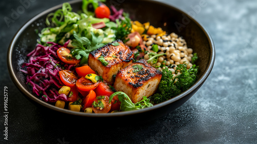 Plate of delicious salad with grill meat made by vegetarian plant based meat protein .