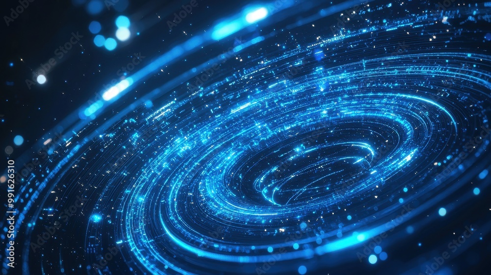 Abstract holographic background with swirling blue light beams and luminous tech patterns for a dynamic and futuristic look. Abstract holographic background with swirling blue light beams and luminous tech patterns for a dynamic and futuristic look.