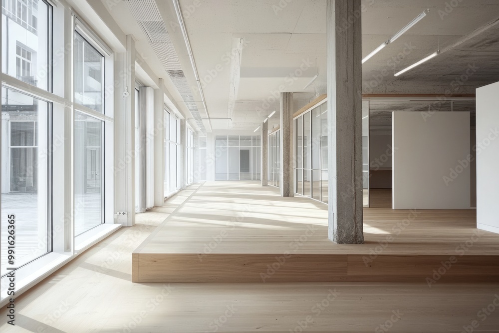 Fototapeta premium Minimalist Industrial Office Design with Modern Furniture and Open Space Concept